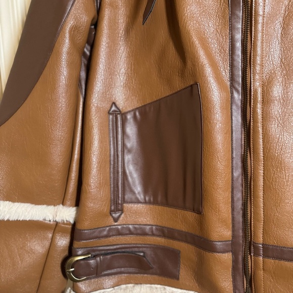 Choosy Amelia Shearling Jacket Aviator Vegan Faux Leather with Cream Accents XL - Picture 7 of 16